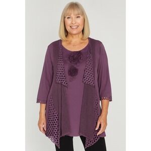 Ali Miles Purple Rose Floral Lace Trim Tunic Top Shirt Womens Size XL Artsy Boho